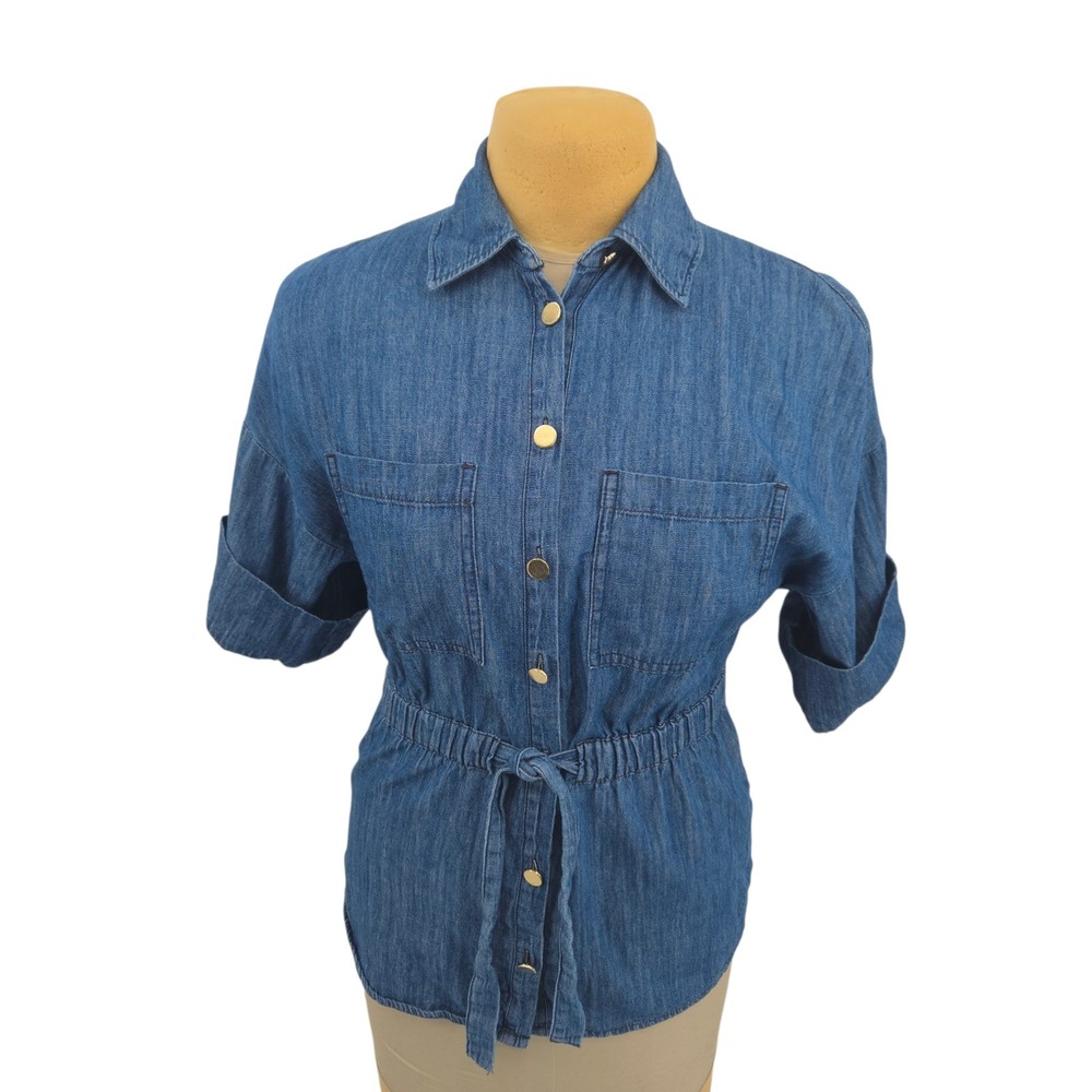 ZARA Denim Shirt Women XS Blue Button‎ Up Belted Utility Safari Top Casual Chic